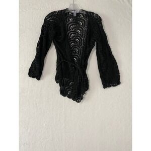 Black Crochet Tie Front Cardigan Bell Sleeve Coverup Boho WhimsiGoth Grunge